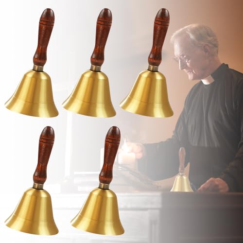 5 Pcs Solid Brass Handbell with Wooden Handle – Loud Hand Call Bell for Teachers, Classroom, Wedding, Restaurant, Office, Meditation & Elderly Care