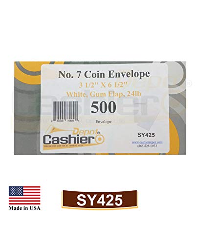 1000 Cashier Depot - #7 Coin Envelopes, 3.5" x 6.5", Sturdy 24 lb. White Paper, Strong Gummed Flap, for Cash, Receipts, Seeds & Small Parts, 1000 Count
