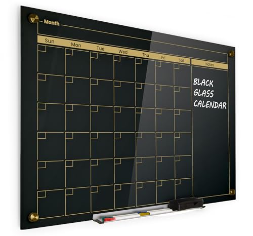 Real Glass Dry Erase Monthly Calendar, Extra Large 24" x 36", Tempered Glass Surface, Frameless Wall Mount, with 4 Assorted Color Markers and Eraser, by Better Office Products (Jet Black/Gold Print)