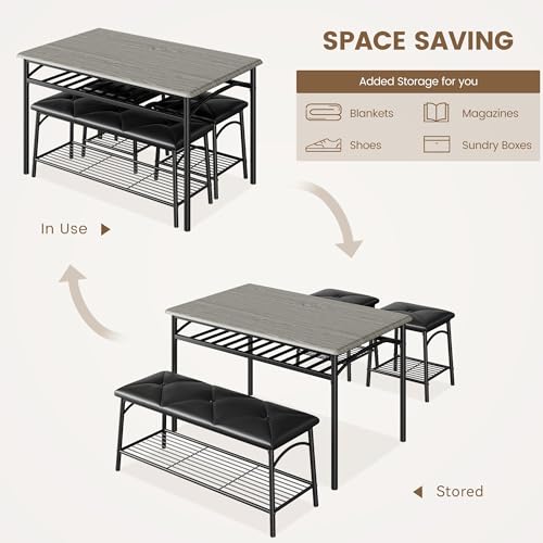 IDEALHOUSE Dining Table Set for 4, Kitchen Table with Upholstered Bench and 2 Chairs, Kitchen Table and Chairs Set with Storage Shelf,Small Space Saving Design, Easy Assembly, Retro Gray