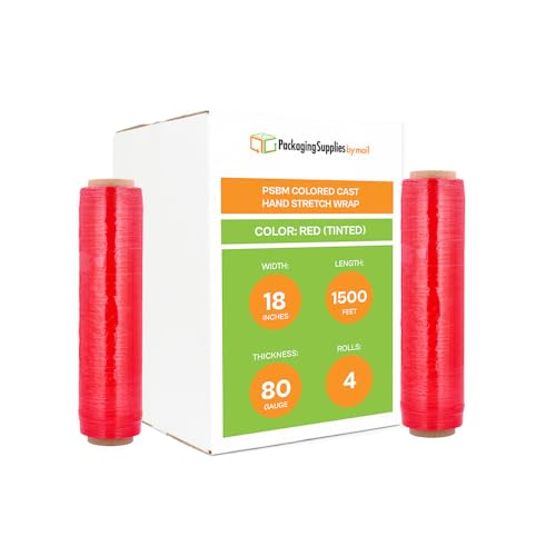 PSBM Tinted Red Plastic Hand Stretch Film/Wrap 18" x 1500' 80 GA 4 Rolls