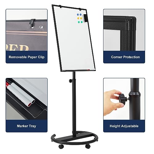 TSJ OFFICE Mobile Whiteboard Standing - 36 X 24 Inches Magnetic Rolling White Board, Height Adjustable Dry Erase Board on Wheels with Flip Chart Hooks, Black