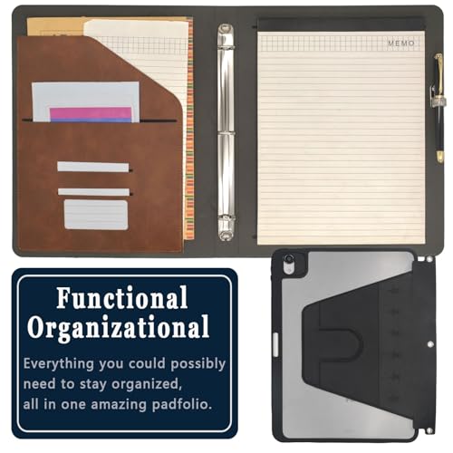3 Ring Portfolio with iPad Holder, Business Padfolio with Clipboard & Rotating Stand Case for iPad 11th Gen 2025 / 10th Gen 2022 10.9", Tablet Organizer Folder for Women & Men, Coffee