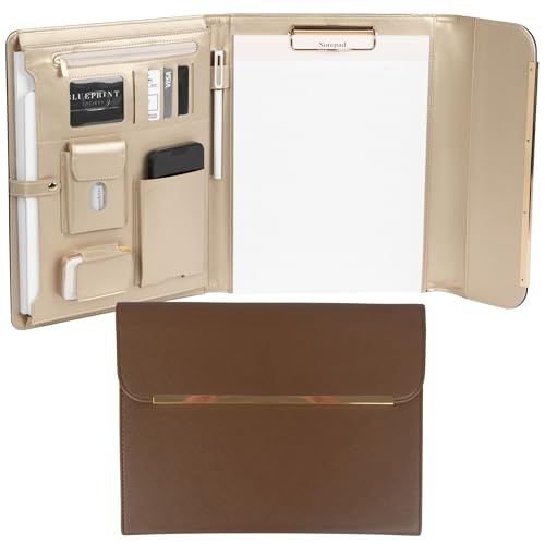 BLU MONACO | Brown Vegan Leather Binder for Women | Magnetic Closure Business Leather Portfolio Organizer with Gold Trim | Professional Padfolio for Meetings Interviews Documents