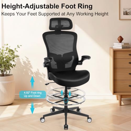 Drafting Chair 400lbs Tall Office Chair Heavy Duty Ergonomic Standing Desk Chair with Adjustable Lumbar Support, Flip-Up Armrests, Footrest Ring and Headrest