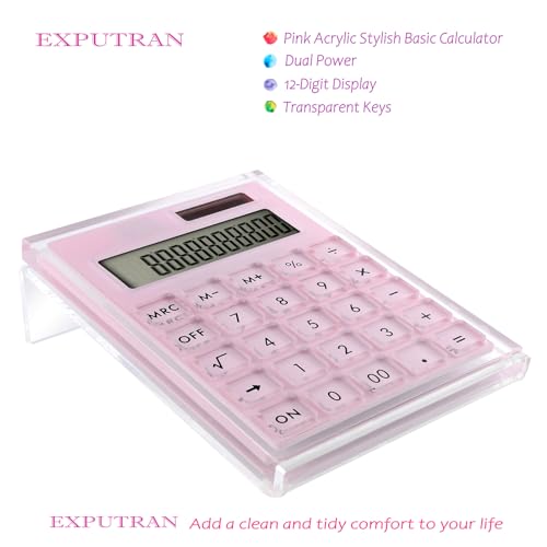 EXPUTRAN Acrylic Calculator with Stand, Battery and Solar Hybrid Powered Basic Calculator 12-Digit LCD Display,Home Office Desktop Accessories(Pink)