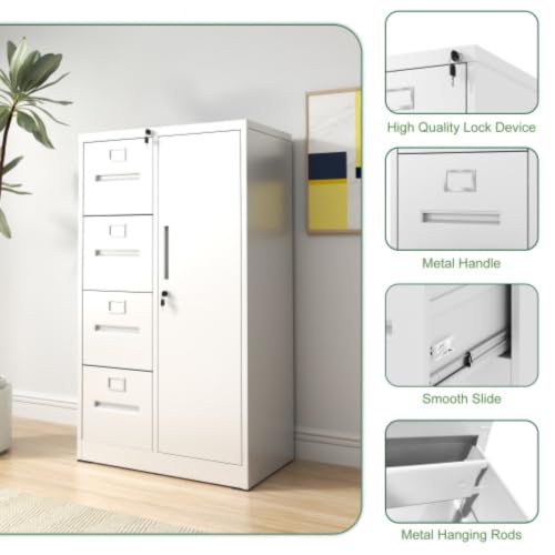 Daklpiw 4 Drawer File Cabinet with Lock & 1 Door, Metal Storage Unit with Shelves and Hanging Rod, Vertical Filing Cabinet for Home Office, Fits Letter/Legal/A4/F4, Easy Assembly (White)