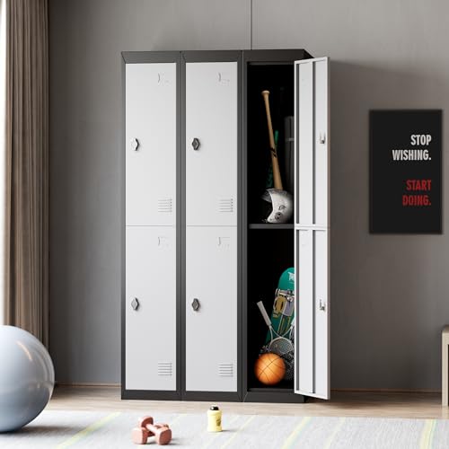 EliteEdge 72" Tall 2 Door Metal Locker with Key, Heavy Duty Steel Storage Cabinet with Shelves, Lockable Employee Locker for School, Office, Gym, Home, Garage, Grey & Black