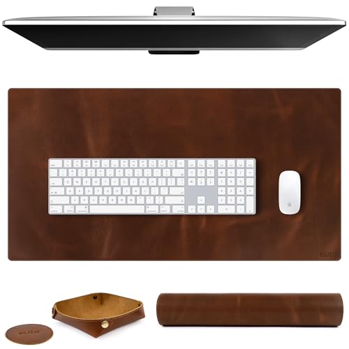 Elizo Real Leather Desk Mat Set (32x16) Large Desk Cover Desk Blotter Protector Computer Gaming Mouse Pad Table Laptop Office Desktop Accessories