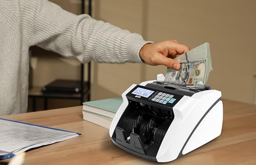 Large Money Counter Machine, USD/EUR/GBP/CAD Counterfeit Bill Detector with LCD Display, Advanced Detection, 300 Bill Capacity, 1000 Notes per Min, Total Value, Batch Function + More