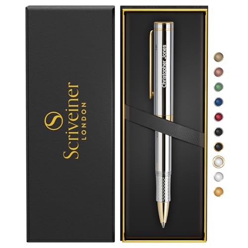 Scriveiner Personalized Silver Chrome Rollerball EDC Pen, Stunning Luxury Heavy Pocket Pen, Real Gold Plating, Best Engraved Roller Ball Gift Set for Men & Women, Custom Name Engraving