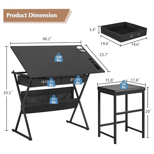 VECELO Drafting Table Art Desk Art Table Adjustable Drawing Table Tilted Tabletop with 2 Storage Drawers and Stool, Drawing Desk for Artist Painters Drawing, Crafting, Reading, Writing, Black