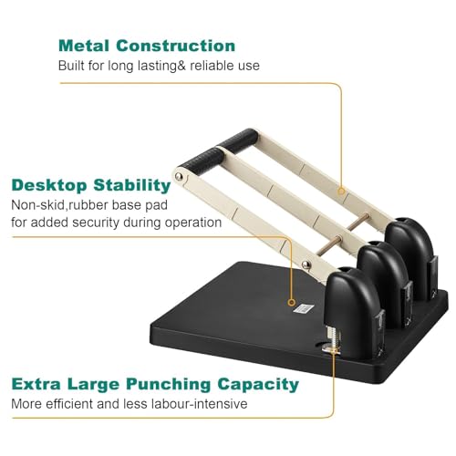 Manual 3-Hole Puncher, 3 Hole Paper Punch with Labor-Saving Handle, 150 Sheet Capacity & Paper Feed Depth 12mm, Long-Lasting Durability, for Offices, Families, Study Rooms, Print Shops