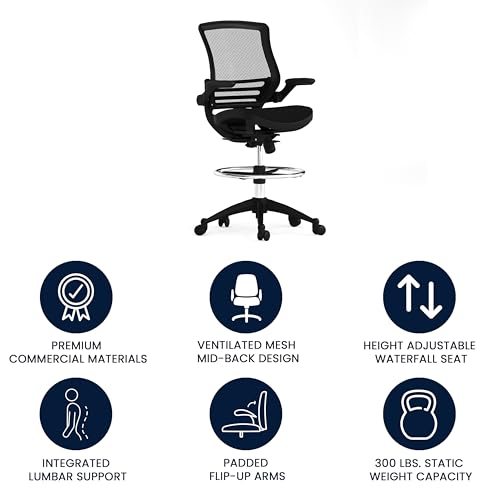 BizChair Mid-Back Transparent Black Mesh Drafting Chair with Black Frame and Flip-Up Arms