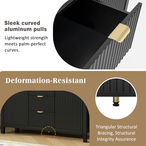 roomfitters Artistic Wave Design Sideboard, Luxury Matte Black 3-Drawer Credenza, Contemporary Soft-Close Storage Console Table with Aluminum Handles