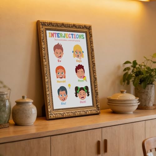 wangpaihui INTERJECTIONS FOR KIDS Parts of Speech English Grammar Chart Language Arts Classroom Educational Poster Canvas for Classroom School Therapy Room Retro Gold Frame24 L X 36" W