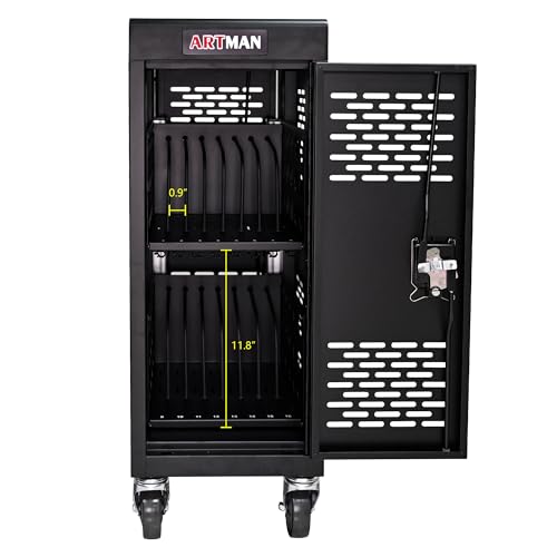 Portable Charging Cabinet for 16 Devices, Cold Rolled Steel, Fits 14-Inch Screens, Secure Charging Station with Lock & Key, Power Strips,, for classroom, library, clinic, office and more (Black)