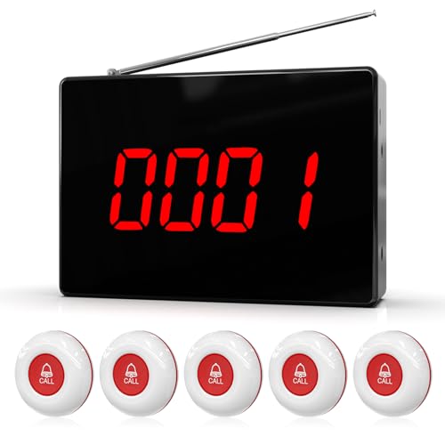 CallToU Wireless Calling System Caregiver Pager Call Button System with 5 Waterproof Call Buttons and 1 Number Receiver for Clinic Nurses Station Restaurant Nursing Home