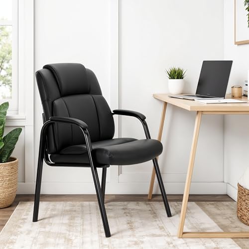Simple Deluxe Waiting Room Leather Guest Chairs with Padded Arms, Comfy Stationary Reception Meeting Chair, Rest for Conference Side Office Home Desk Elderly Salon Clinic, 2 Pack
