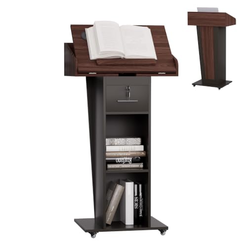 Wooden Podium Stand with Adjustable-Angle Tabletop,Wheels & Lockable Drawer