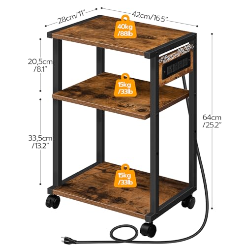 HOOBRO Industrial Printer Stand with Charging Station, 3-Tier Printer Table, Rolling Printer Cart with Adjustable Shelf and Hook, Rustic Brown and Black BF28UPS01