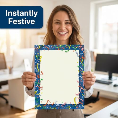 PaperDirect Colorful Confetti Celebration Border Paper, Dark Blue Border with Multicolor Ribbons and Confetti, 8.5 x 11, Acid-Free, Ideal for Invitations, Flyers, Cards, 100 Sheets