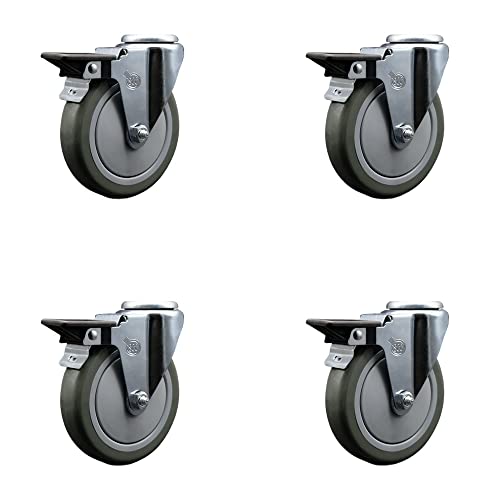 Polyurethane Swivel Bolt Hole Caster Set of 4 w/5" x 1.25" Gray Wheels - Includes 4 Swivel with Posi Lock Brakes - 1400 lbs Total Capacity - Service Caster Brand