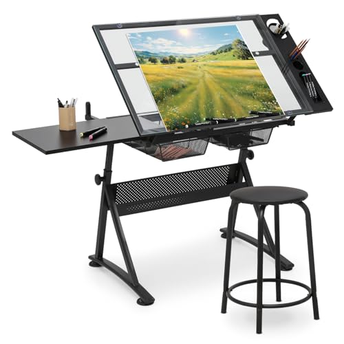 MIRAMINGLE Drafting Table Set for Adult and Young, Height & Angle Adjustments (28"-36", 0°-65°), Tempered Glass, Alloy Steel Frame, 2 Drawers, Artwork Station for Art Studio Home Office School