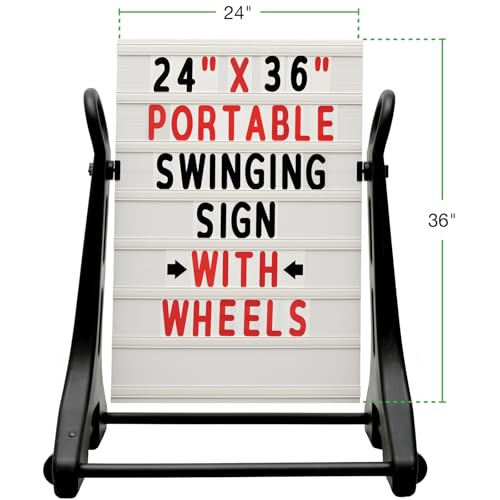 24 x 36 Inch Rolling Swinging Changeable Message Sidewalk Sign, Black, Plastic Storefront Display Sign, Outdoor Business Advertising Board