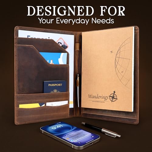 Wanderings Vintage Leather Padfolio - 10" x 13" - Professional Organizer and Resume Folder Antique Leather Document Portfolio with Writing Pad. Ideal Gift for Men and Women