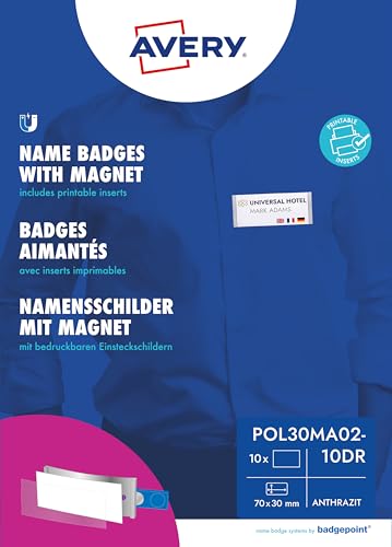 Badgepoint polar30 Name Badges (70 x 30 mm, 10 Signs with Magnet, Twist-Proof, with Print Sheet for Name Cards and Templates for Printing, Magnetic Name Tags for Clothes), Anthracite