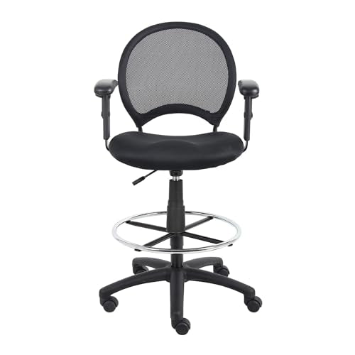 Benzara Rea Drafting Stool Chair, Adjustable Arms, Black Mesh, Chrome Footring