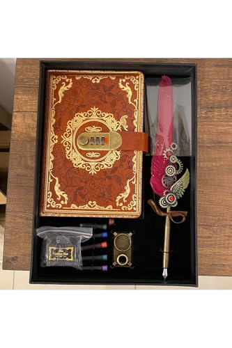 SODEF Calligraphy Pen Set with Combination Lock Notebook Antique Inkwell Holder Desk Accessory