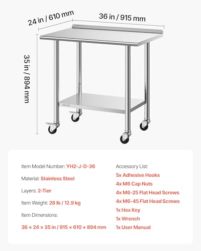 VEVOR Stainless Steel Work Table, 24x36 inch Food Prep Table with Wheels and Backsplash, Commercial Kitchen Workstation with Adjustable Undershelf, Metal Utility Worktable, for Restaurant Home Outdoor