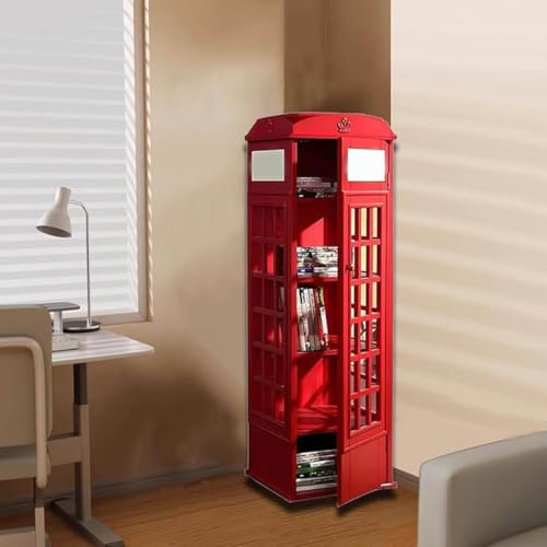 LJLYYDS Wooden Telephone Standing Bookshelf Vintage,5-Tier Wood London Telephones Booth Storage Shelf Cube,Floor Standing Telephone Booth Bookshelf with Acrylic Door for bookstores Red