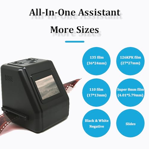 Mini Digital Film and Slide Scanner, Film Negative Scanner, Converts 135, 126, 110, Super 8 Film Negatives Slides to 22 M JPEG Images, Adapters with 2.0 LCD Screen
