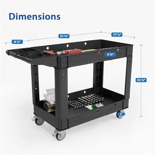 Our Modern Space Commercial Grade 2 Shelf Utility Cart with Wheels - Rolling Tool Trolley, Heavy Duty Service Push Cart for Business Warehouse Office Restaurants Ecommerce Garage