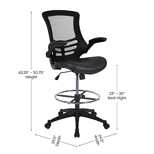 BizChair Mid-Back Black Mesh Ergonomic Drafting Chair with LeatherSoft Seat, Adjustable Foot Ring and Flip-Up Arms