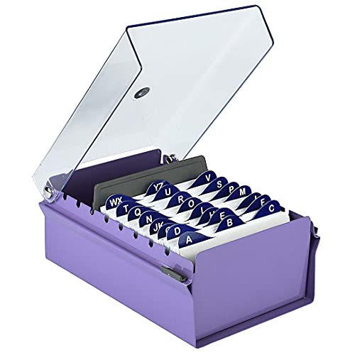 Acrimet 3 x 5 Card File Holder Organizer Box Metal Base Heavy Duty (AZ Index Cards and Divider Included) (Purple Color with Clear Crystal Plastic Lid Cover)