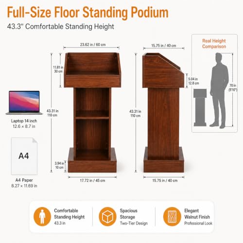 BGEDL Wood Podium, Floor Standing Podium Speaking Lectern Stand, Portable Podium Stand with Storage, Wooden Podium Pulpit for Churches Classroom Office