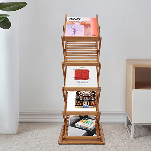 SHIPUNAYE Bamboo Magazine Rack, Foldable 5 Layer Brochure Display Stand, Storage Organizer Literature Rack, Lightweight Pop-Up Holder Display Stand for Library, Tourist Attraction, Showroom, Office