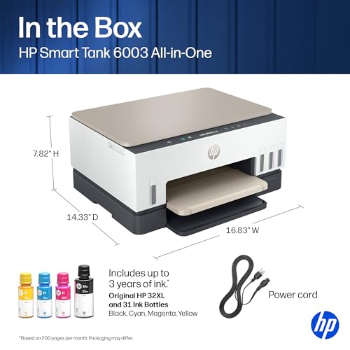 HP Smart Tank 6003 Wireless All-in-One Ink Tank Printer, Scanner, Copier with up to 3 Years of Ink Included, Best-for-Home, Cartridge-Free Refillable, AI-Capable (9B5C8A)