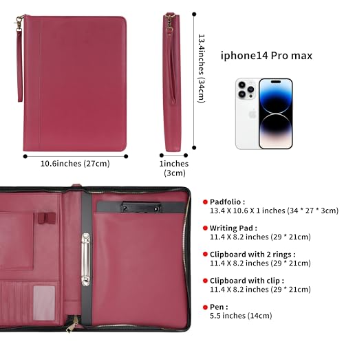 Wason A4 Portfolio with Zipper - Leather PU Padfolio with Detachable Ring Binder and Writing Notepad Holder, Conference File Multi-Pockets Organizer for Office Travel School (Red)