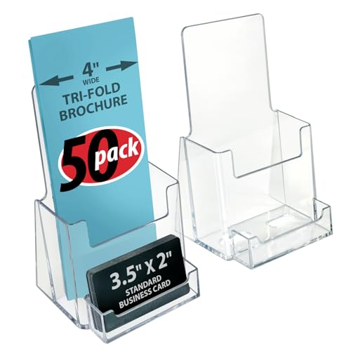 Azar Displays, 252922-50PK, Counter Trifold Brochure Holder with Horizontal Business Card Holder, Brochure Display Stand with Gift Card Pocket Flyer Holder Clear Card Display for Literature, 50-Pack