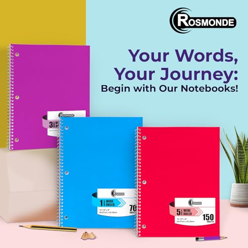 Rosmonde 1 Subject Spiral Notebook Bulk, 50 Pack, Wide Ruled, Assorted