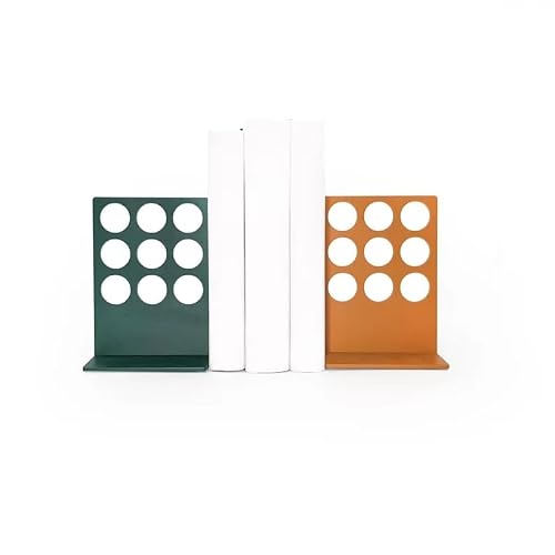 Modern Round Cutout Bookends Set of 2, Non-Skid Metal Book Ends for Shelves, Decorative Book Holders for Home Office Library, Green and Orange