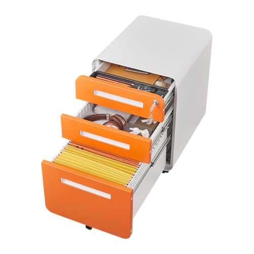 BouPower 3 Drawer File Cabinet for Home Office, Under Desk Mobile Filing Cabinet with Lock for A4/Letter/Legal Size, 5 Wheel Anti-tilt Rolling File Cabinets, Fully Assembled (Except Casters)