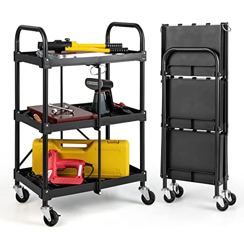 Goplus Folding Utility Cart on Wheels, 250lbs 3-Tier Rolling Tool Cart w/Lockable Casters & Compartments, Fast Fold up Collapsible Metal Service Cart for Office, Garage, Kitchen, Black