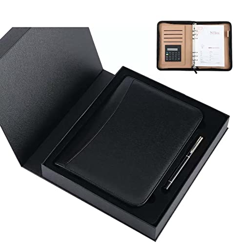 BZHAOMAOL A5 PU Faux Leather Conference Folder Business Office Work Portfolio Organiser Padfolio with Calculator 6 Ring Binder Clipboard with Box(Black)