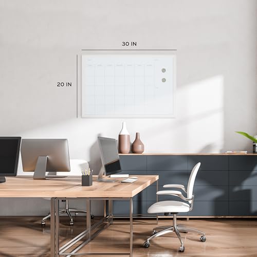 U Brands Magnetic Dry Erase Calendar White Board, 30" x 20", White Wood Style Frame, Includes Magnets